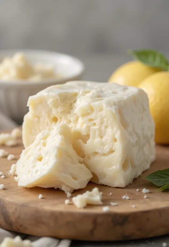 Crumbly Urda cheese on a wooden platter, light, natural lighting