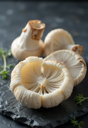 Sliced and cleaned King Oyster Mushrooms on a wooden cutting board, prepared for cooking