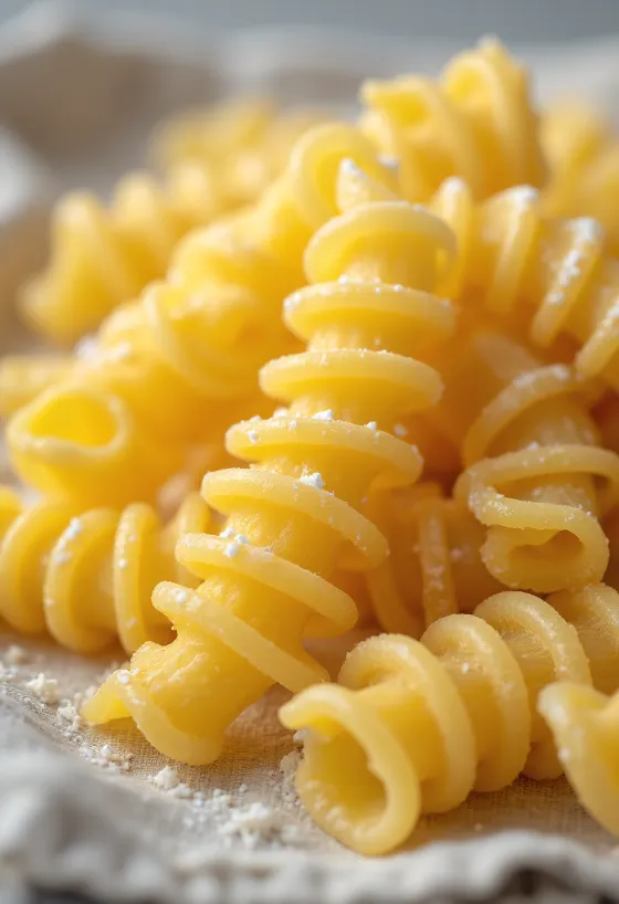 Dry fusilli pasta scattered on a wooden surface in spiral form