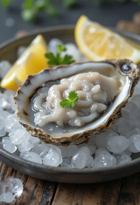 Fresh raw oyster meat on ice, served with lemon and fresh herbs