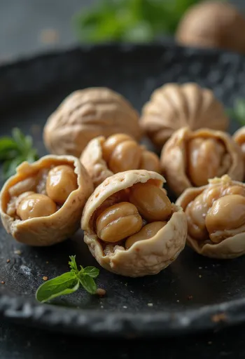 Paper-shell walnut kernels in a rustic bowl, with light-colored kernels
