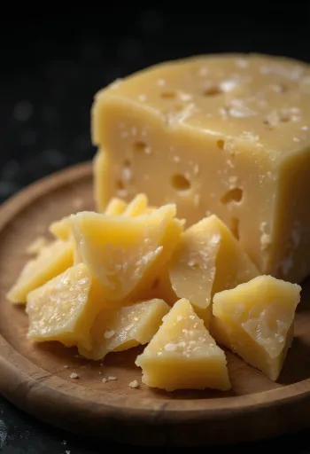 Sliced and grated Parmesan cheese on a wooden cutting board