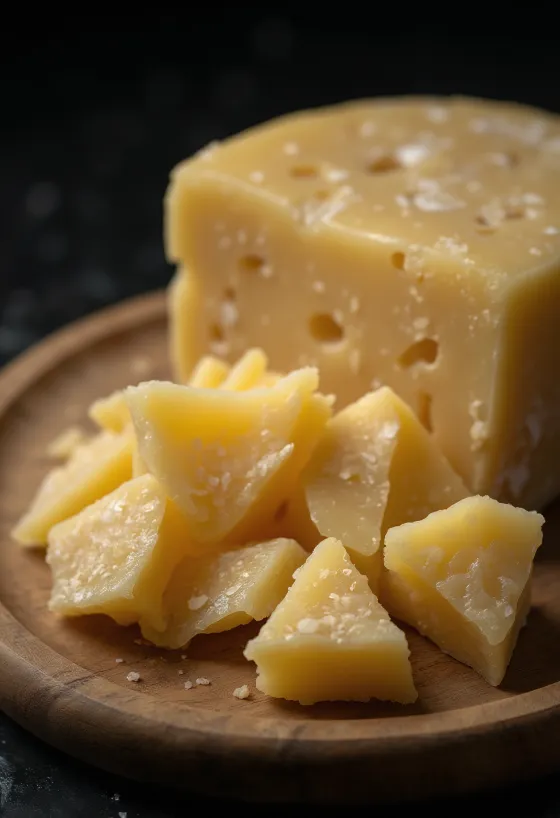 Sliced and grated Parmesan cheese on a wooden cutting board