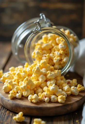 Dry popcorn kernels spread out on a wooden kitchen surface