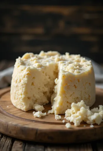 Fresh Pecorino sheep cheese in a white ceramic bowl on a wooden table