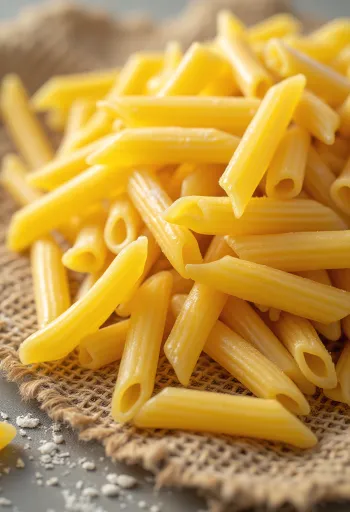 Dry penne pasta with ridged surface, on a wooden background