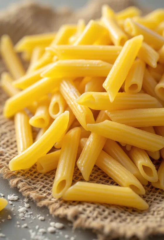 Dry penne pasta with ridged surface, on a wooden background