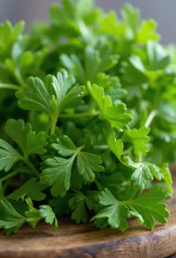 Fresh parsley chopped and whole on a rustic surface