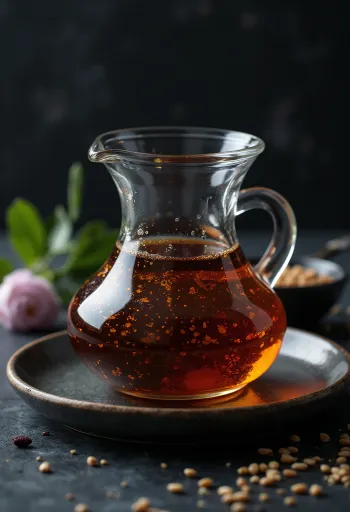 Toasted sesame oil in a dark bottle, next to a small bowl and toasted sesame seeds