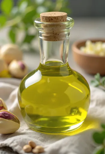 Pistachio oil in a small bottle, next to shelled pistachios in a small bowl
