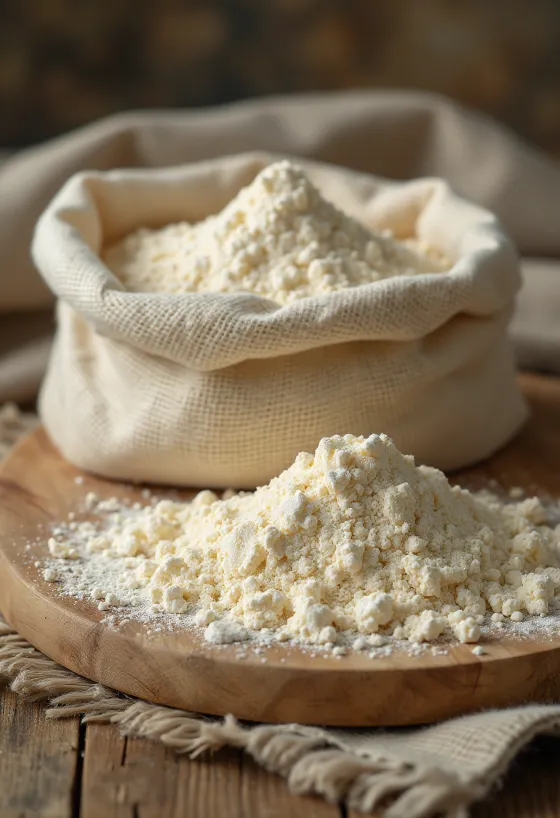 Plantain flour in a bowl with a spoon, green plantain and slices