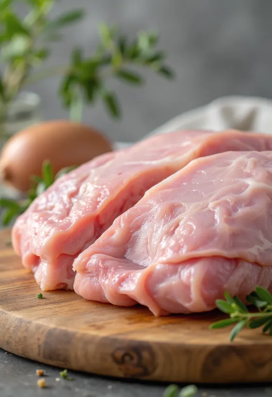 Fresh turkey meat pieces with spices and garlic on a wooden cutting board