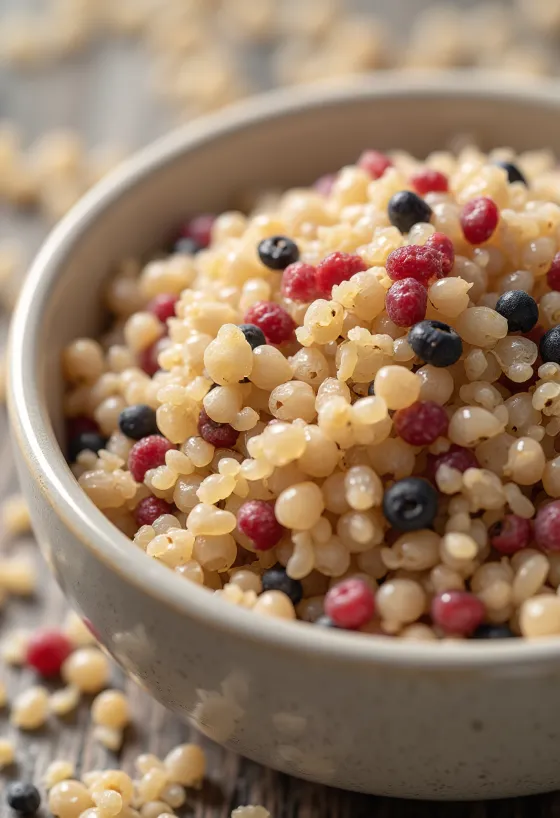 Mix of raw quinoa seeds in a ceramic bowl, on a wooden surface