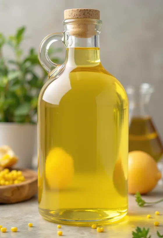 Rapeseed oil in a glass bottle and bowl on a light background