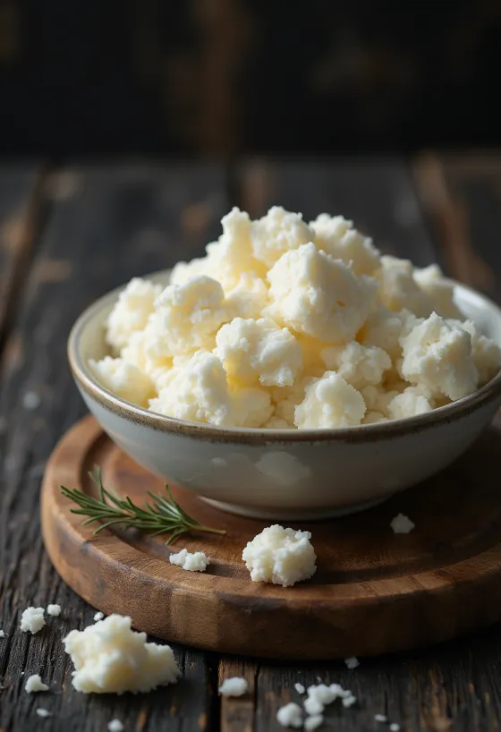 Fresh ricotta cheese in a white ceramic bowl on a wooden table