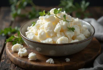 Fresh ricotta cheese in a white ceramic bowl on a wooden table
