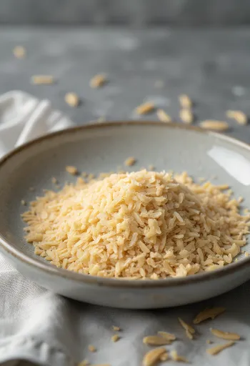 Rice bran in a small ceramic bowl and scattered on a kitchen wooden surface