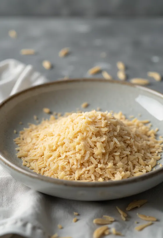 Rice bran in a small ceramic bowl and scattered on a kitchen wooden surface