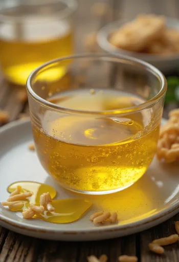 Rice bran oil in a bottle, with rice grains and bran on natural background