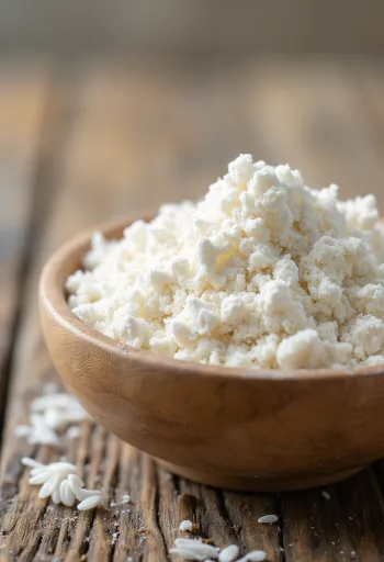 Fine rice flour in a ceramic bowl, spilled on a wooden surface