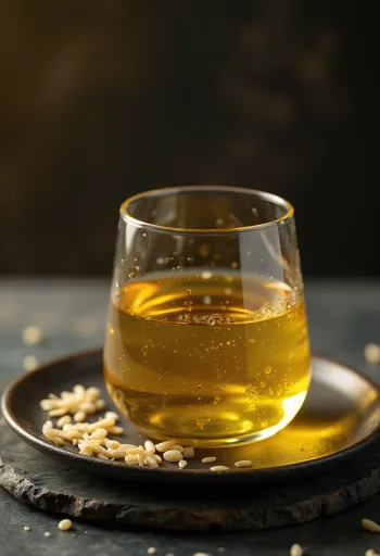Rice bran oil in a small bowl, next to brown rice grains and bran
