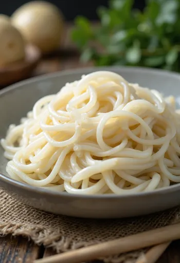 Dry rice noodles arranged in a ceramic bowl on a wooden surface