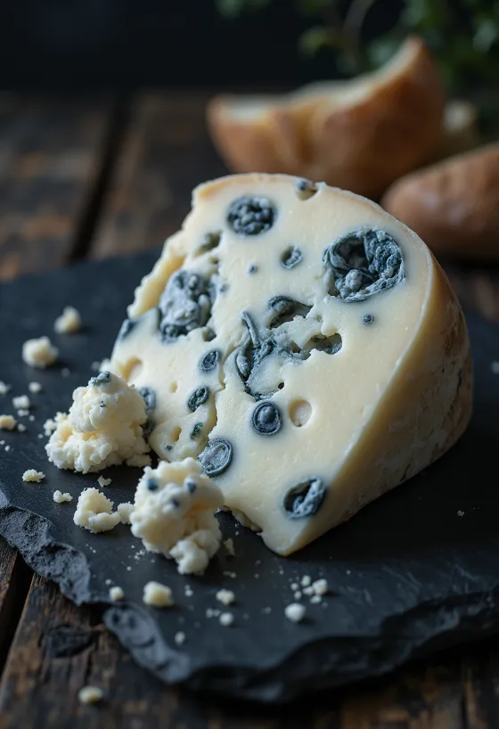 Fresh Roquefort blue cheese in a white ceramic bowl, on a wooden table