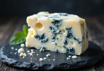 Fresh Roquefort blue cheese in a white ceramic bowl, on a wooden table