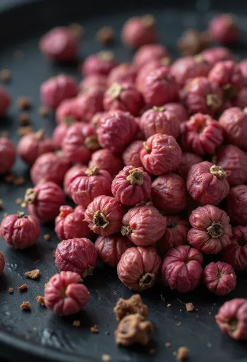 whole pink peppercorns in a wooden bowl and scattered on kitchen surface