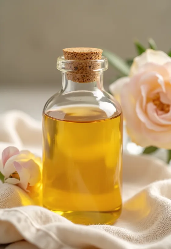 Rose oil in a small vial, accompanied by rose petals and dried roses