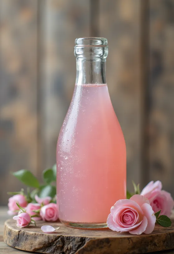 Rose water in a bottle, with rose petals, a tea cup, and sweets