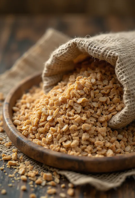 Rye bran in a bowl and scattered on rustic kitchen surface
