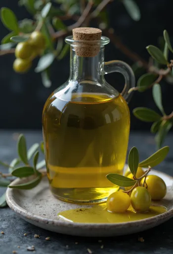 Pomace olive oil light yellow refined oil in small glass bowl