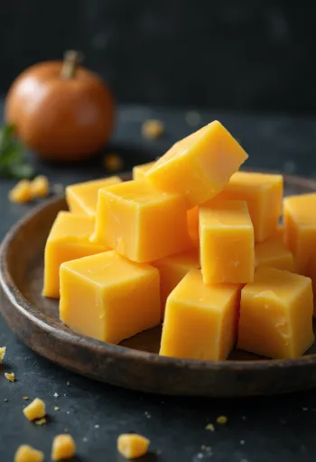 Yellow cheddar cheese in a white ceramic bowl, on a wooden table