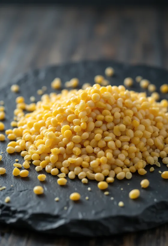 yellow and white mustard seeds in whole form on wooden surface