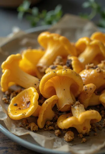 Freshly sliced Golden Chanterelles with spices, garlic, and olive oil on a wooden board