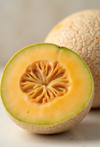 Cantaloupe melon cut into slices with orange flesh and seeds on a wooden surface
