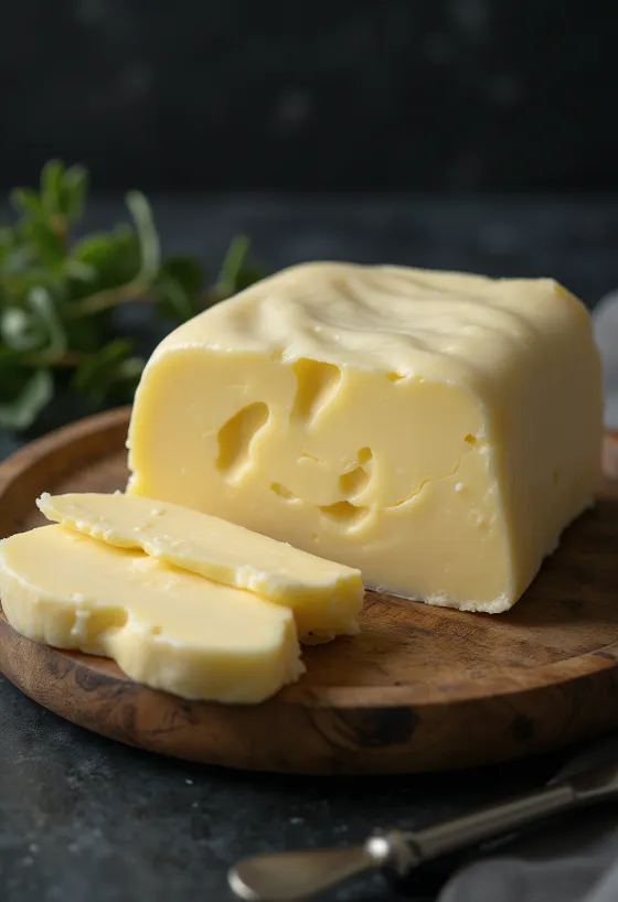 Butter made from cultured cream in a small dish, next to drops of cultured cream