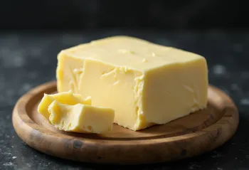 Butter made from cultured cream in a small dish, next to drops of cultured cream