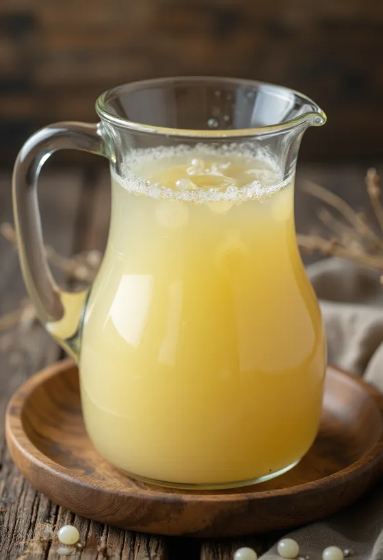 Acid whey in a glass bowl on a rustic kitchen surface