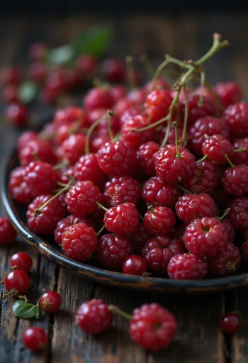 Fresh schisandra berries in red color, some cut open, in raw condition