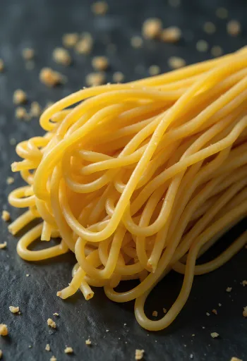 Dried spaghetti pasta arranged in a bundle on a wooden surface