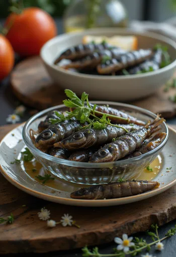 Anchovy fillets with spices and lemon on a wooden cutting board