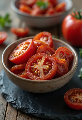 Sun-dried tomatoes on a rustic surface, with olive oil and spices