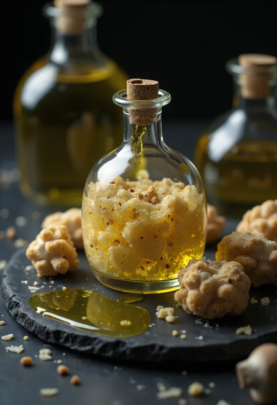 Truffle oil in a small bottle, with truffle slices and served