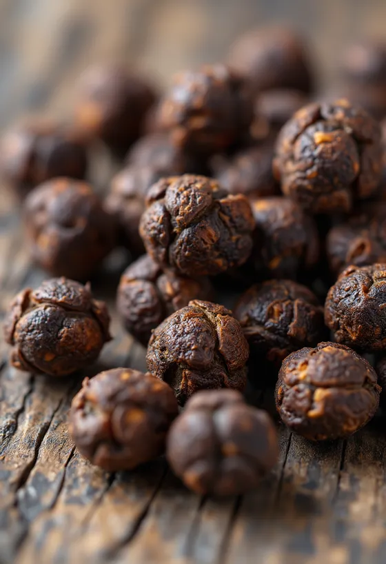 Whole and ground allspice in a small bowl, on a wooden surface