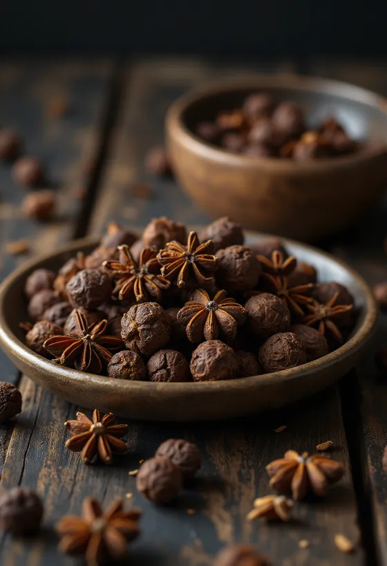 whole allspice berries scattered on wooden bowl and rustic surface