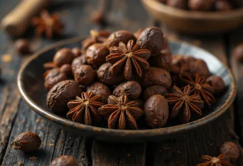 whole allspice berries scattered on wooden bowl and rustic surface