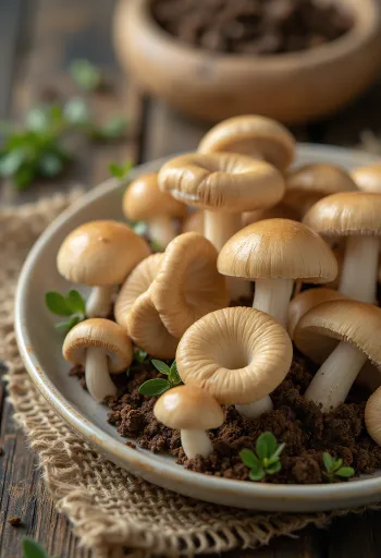 Sliced Scotch bonnet mushrooms with fresh spices and garlic on a wooden board