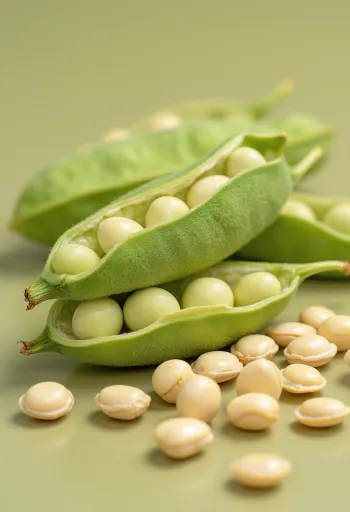 Soybeans in a ceramic bowl and scattered on a wooden table, with edamame pods and leaves